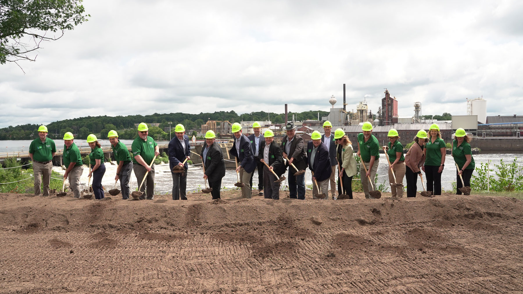 Domtar executives and employees joined state and local leaders to officially break ground on the Rothschild Dam modernization project.