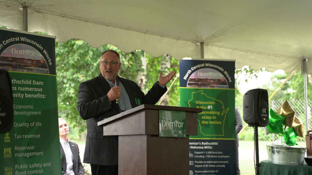 Dave Faucett, general manager of Domtar’s Rothschild Mill, speaks during the news conference.