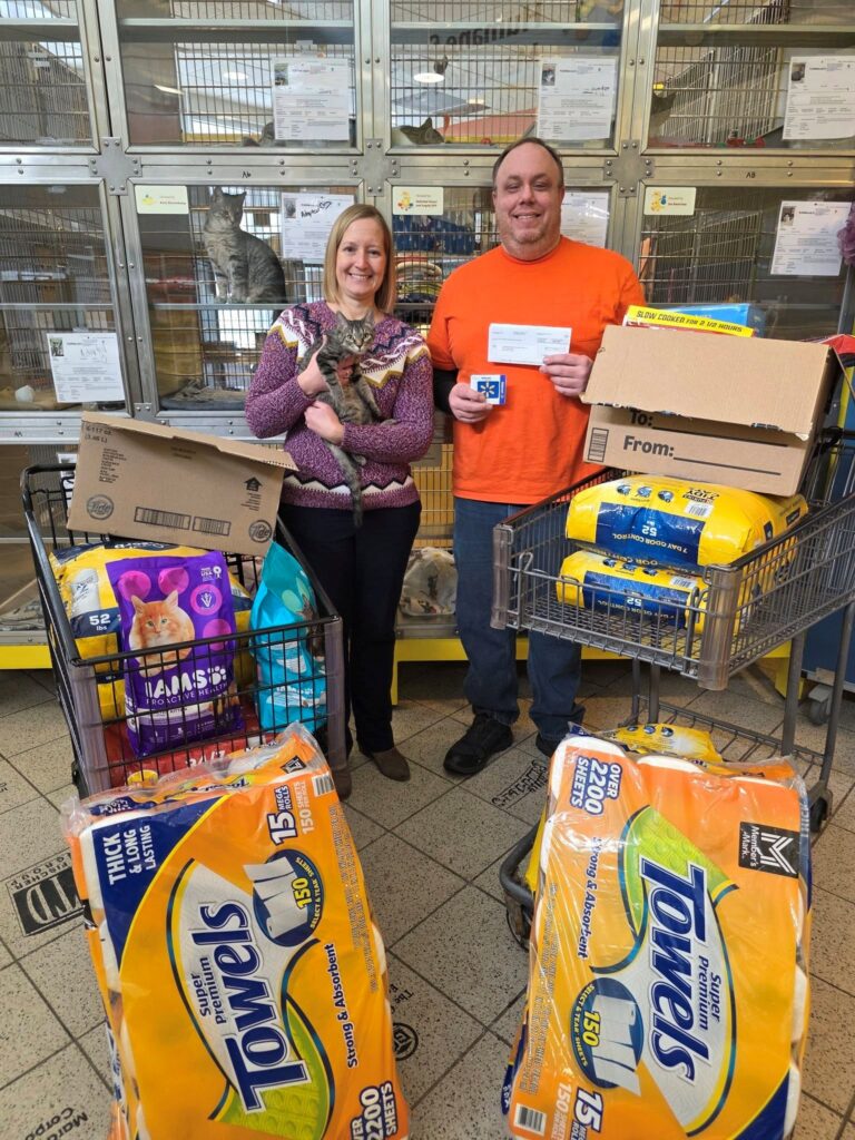 Domtar Rothschild’s Becky Coushman and Mike Radtke delivered donations from the mill’s employees to the Humane Society of Marathon County.