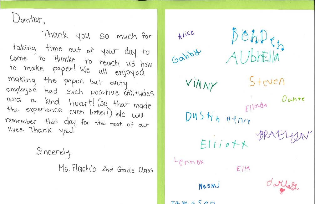Thank-you note from Humke Elementary students to Domtar Nekoosa Mill employees after a classroom papermaking demonstration