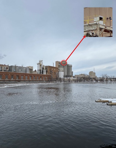 View of the nesting box mounted on the Nekoosa Mill building from the Wisconsin River